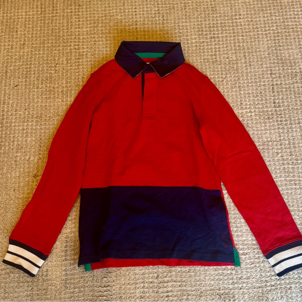 NWT Mini Boden Cotton Collared Rugby Jersey Shirt Red White Blue Elbow Patches